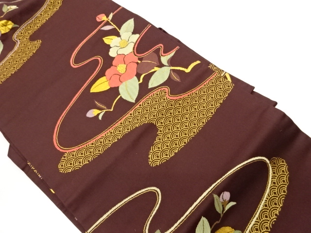 JAPANESE NAGOYA OBI / WOVEN WAVY STRIPE & CAMELLIA